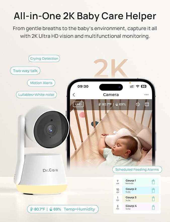 Dr.Care LumiView Smart WiFi Baby Monitor with Clip Mount - 5" 1080P FHD & 2K Camera App Control, Privacy Mode, 5000mAh Removable Battery, Cry & Motion Alerts, HD Night Vision, RGB Night Light