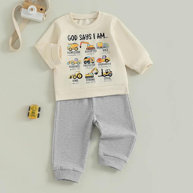 FOCUSNORM Toddler Baby Boy Fall Winter Outfit Excavator Embroidered Long Sleeve Sweatshirt Elastic Jogger Pant 2 Pcs Clothes