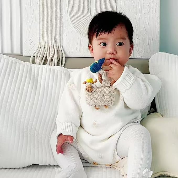 DICHA Wood Baby Rattle-Infant Crochet Rattle Sensory Development Wooden Toys Set-Includes Beech Wooden Teething Ring-Sheep