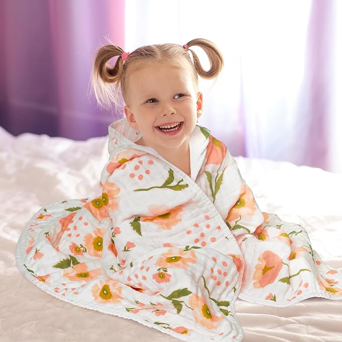 Zainpe 4Pcs Muslin Baby Hooded Towel & Washcloth Set, Flowers Soft Absorbent Cotton Bath Hand Towels Infant Shower Gifts for Newborn Toddler Boys Girls Feeding Teething Sleeping 31.5 X 31.5 in