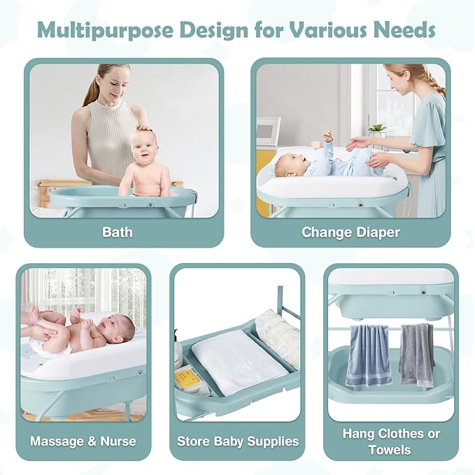 HONEY JOY 2-in-1 Baby Bathtub & Changing Table, Foldable Infant Diaper Changing Station with Wheels, Storage Tray, Waterproof Pad, Portable Newborn Nursery Organizer Bath Stand for Boys Girls (Blue)