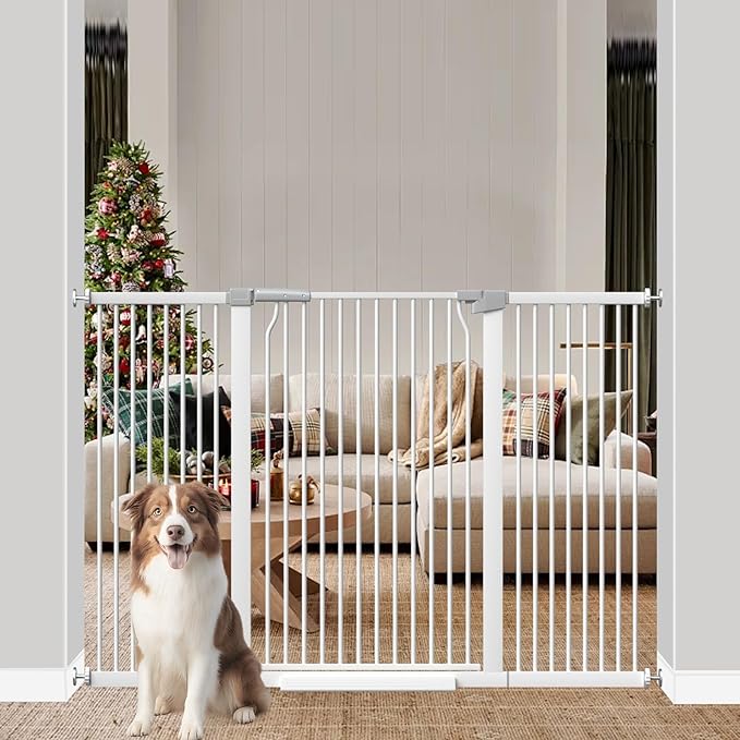41-Inch Extra Tall Metal Auto Close Dog and Cat Gate for Doorways and Stairs, No Drill Adjustable 54.8-60.2-Inch Pressure Mounted Walk Through Pet Gate with Expansion Kit, White