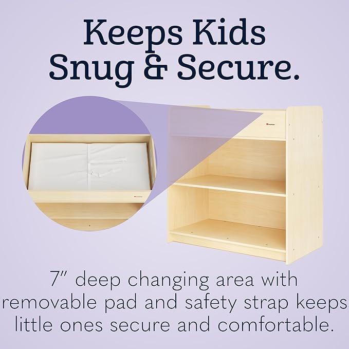 Foundations SafeStart Daycare Changing Table, Durable Wood Construction, Built-in Shelving for Ample Storage, Adjustable Safety Strap, Includes Foam Mattress Pad, Natural