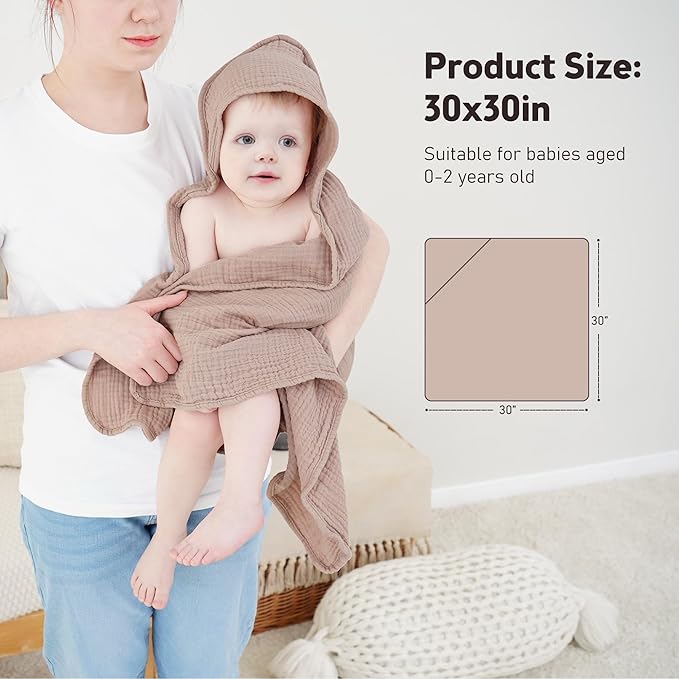 Susurration Hooded Baby Towels for Newborn 2 Pack 100% Muslin Cotton Towel for Babies，Highly Absorbent and Newborn Essential 30x30 Inch Beige&Sand
