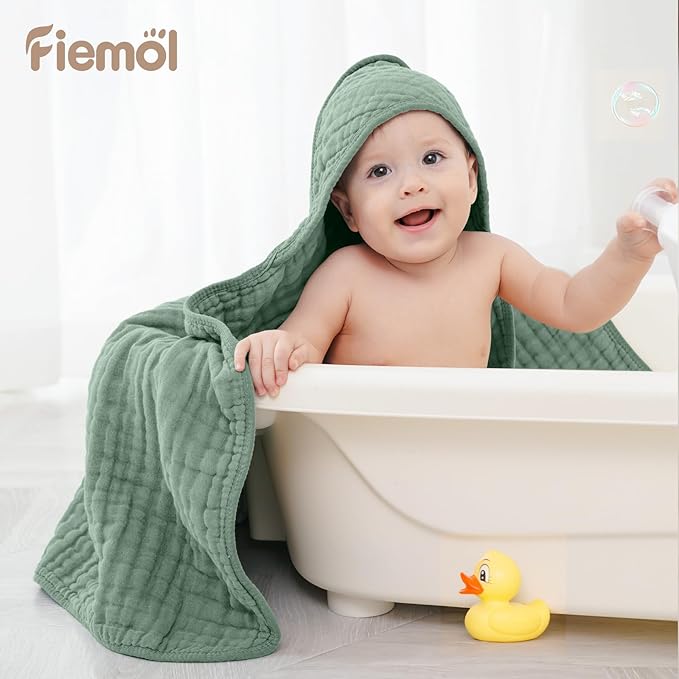 Baby Bath Towels, 100% Muslin Cotton Hooded Baby Towels for Newborn, 2 Pack Baby Towels with Hood for Infant Toddler and Kids, Large 32x32Inch, Soft and Absorbent
