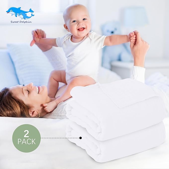 SWEET DOLPHIN Muslin Baby Bath Towels Blanket - 2 Pack 100% Cotton Towel for Babies, Infants, Toddlers - 40x40Inch - Highly Absorbent, White