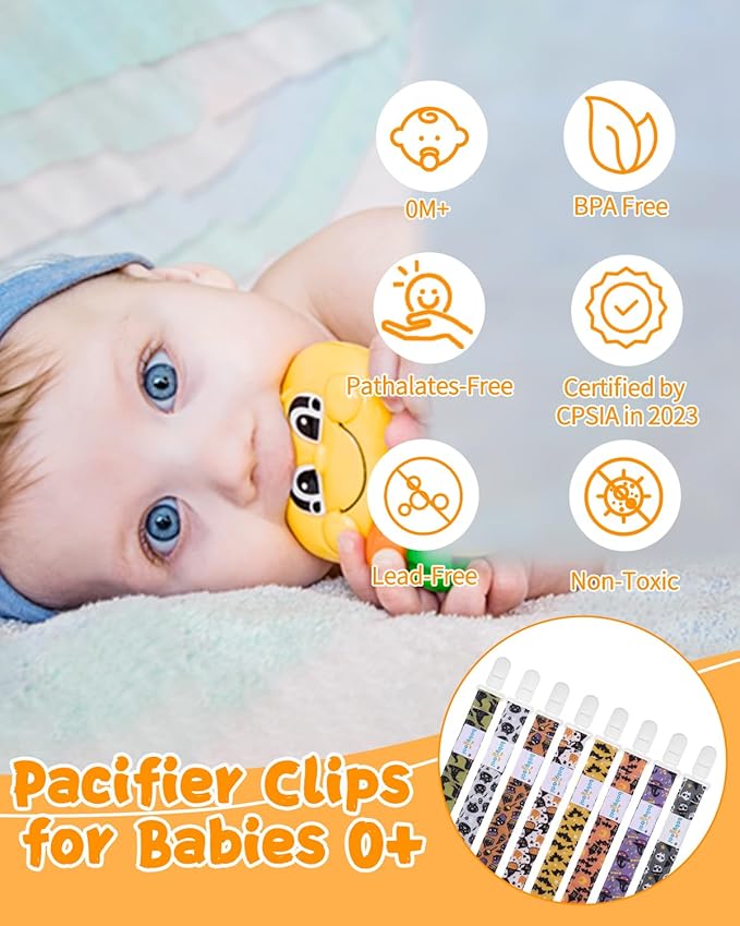 babygoal Baby Halloween Pacifier Clips 8 Pack, Pacifier Holder Clips Fits for Most Pacifier and Binkies 8PS32-B