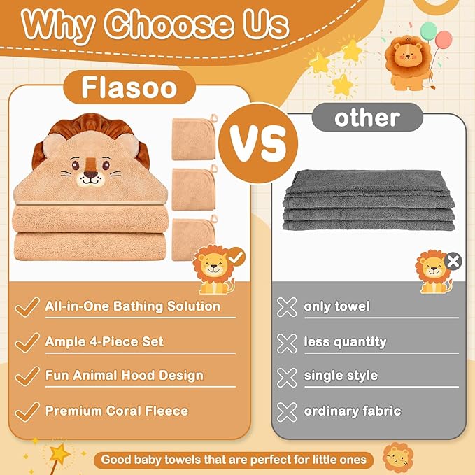 4 Pcs Baby Towels and Washcloths Set, Soft Hooded Bath Towel, 1 Baby Towel and 3 Baby Washcloths for Newborns, Toddlers, and Kids, 32x32 inch Baby Towel with Hood for Boy and Girl (Brown Lion)