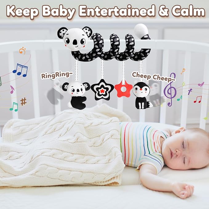 Baby Carseat Toy Black & White Rattle Spiral Hanging Activity Stroller Toy for Newborns Boys and Girls - Koala