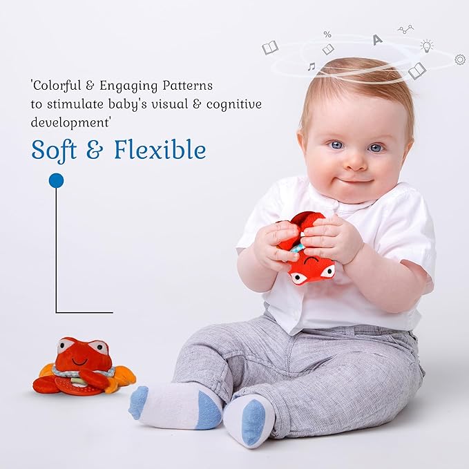 Wristy Buddy Teething Ring for Babies 0-6 8 10 12 Months | Cute Soft Crab Teething Toys & Gloves | Baby Teething Relief Toy Pack | Infant Chew Toys for 3-6 Months, 1 2 3 Years