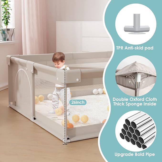 ZEEBABA Baby Playpen with Mat, 59x59 in Playpen for Babies and Toddlers, Play Pen for Kids, Play Yard for Infants with Gate