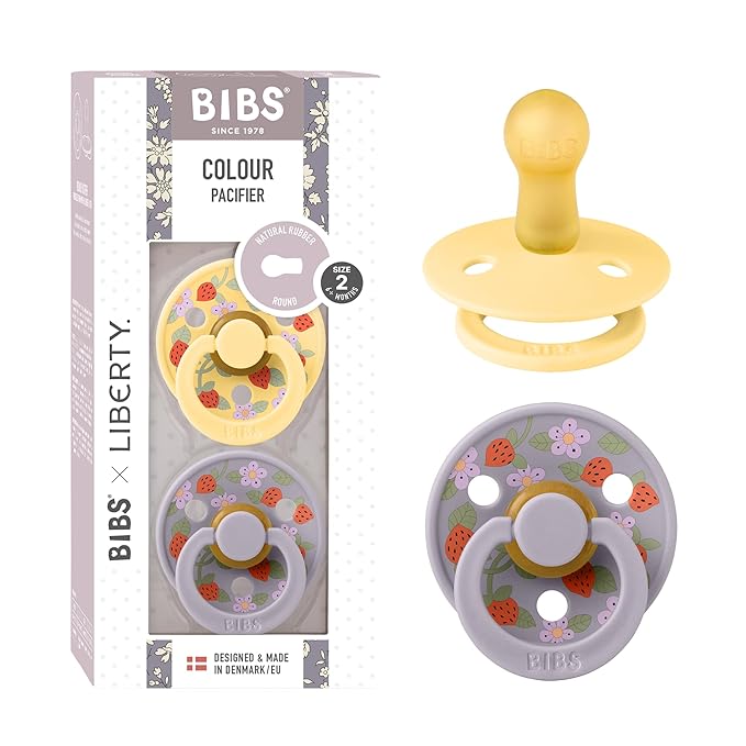 BiBS Liberty Pacifier 2-Pack, BPA Free Pacfiers with Natural Latex Round Nipple, Made in Scandinavia, Size 2 (6-18 Months), Strawberries and Cream Pale Butter Mix