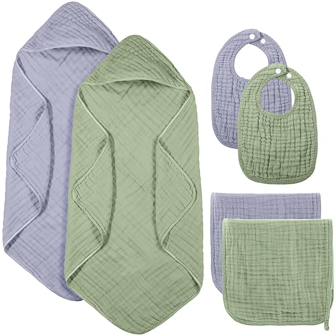 6 Pcs Muslin Hooded Bath Towels Washcloths and Bibs Set, Muslin Cotton Baby Towels Absorbent Hooded Blanket Towel Infant Bibs for Boys Girls Newborn Infant Essential(Light Blue, Light Green)