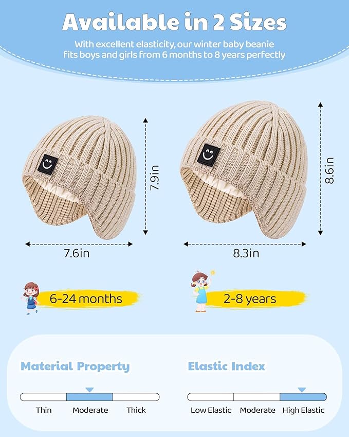 Alepo 3 Pack Baby Beanie Hats with Earflaps, 2 Size Baby Winter Hat for Toddler Kids, Fleece Lined Knit Hat for Girls Boys
