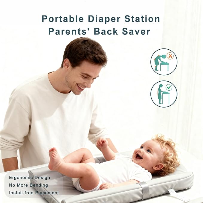 Wipeable Baby Changing Pad for Dresser, Portable Changing Pad with Restraining Belt, Soft & Non-Slip Waterproof Lightweight Changing Table Pad, Easy to Clean for On The Go Diaper Change (Gray)