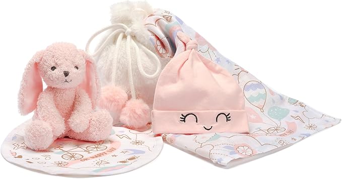 Lambs & Ivy 5 Piece Pink/White Bunny Infant/Newborn Baby Gift Set w/Swaddle
