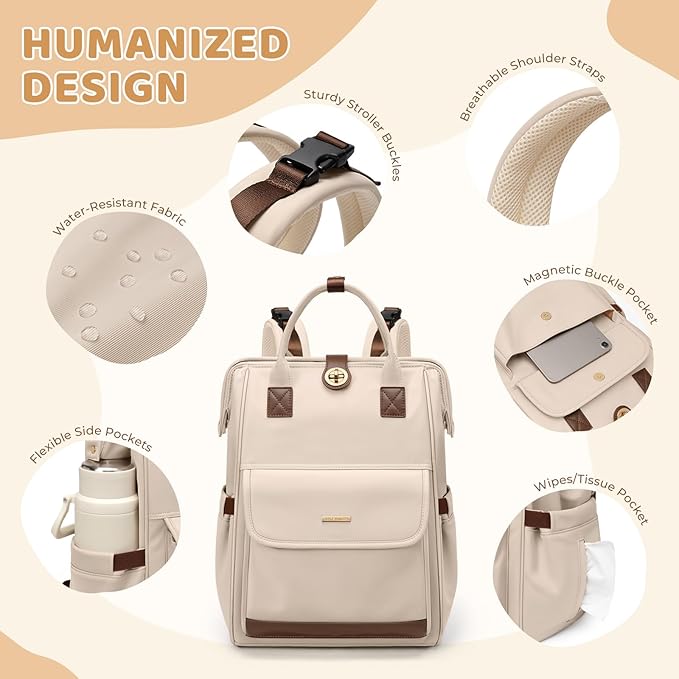Diaper Bag Backpack,Multi Function Water Resistant Diaper Bag With Hook,Casual Hanging diaper bag for mom,16 Inch,Apricot