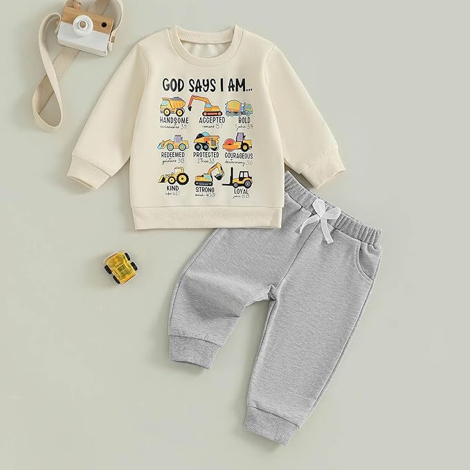 FOCUSNORM Toddler Baby Boy Fall Winter Outfit Excavator Embroidered Long Sleeve Sweatshirt Elastic Jogger Pant 2 Pcs Clothes