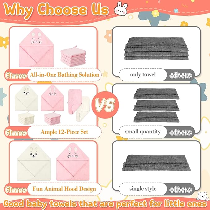 12 Pcs Baby Bath Towels Set for Infants Toddlers, 2 Pcs Animal Hooded Bath Towel, 2 Pcs Baby Burp Cloths & 8 Pcs Washcloths Set, Absorbent Soft Newborn Gift for Boys & Girls (Kitten & Bear)