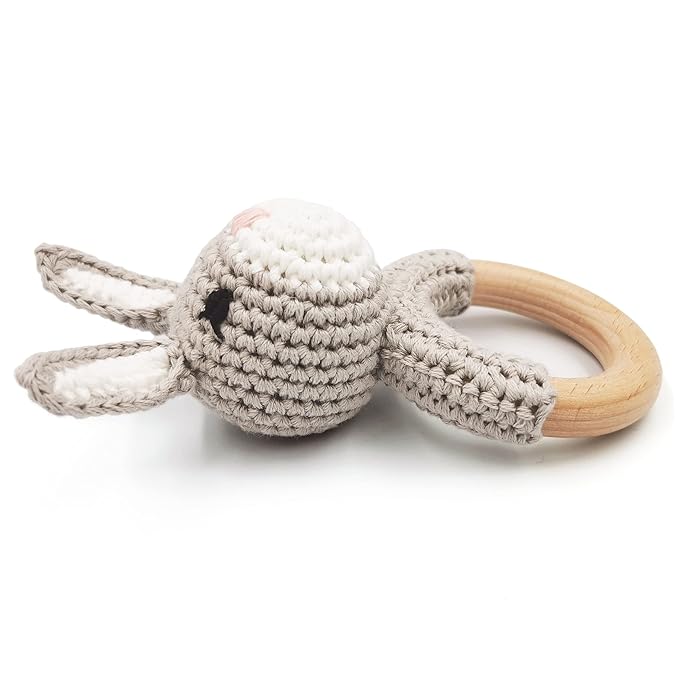 Joliecraft Natural Wooden Baby Rattle Soft Shaker Toy with Teething Ring for Infants Gray Bunny