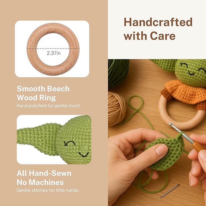 DICHA Wooden Baby Rattle-Crochet Baby Rattle- Infant Rattle Sensory Development Wooden Toys Set-Includes Beech Wooden Teething Ring- Baby Teether Green Alien Style