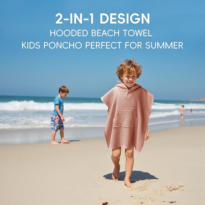 Hooded Kids Beach Towel - Soft Poncho Towel for Babies and Toddler - Lightweight Waffle Cotton Towel Cover Up for Bath, Pool, Beach