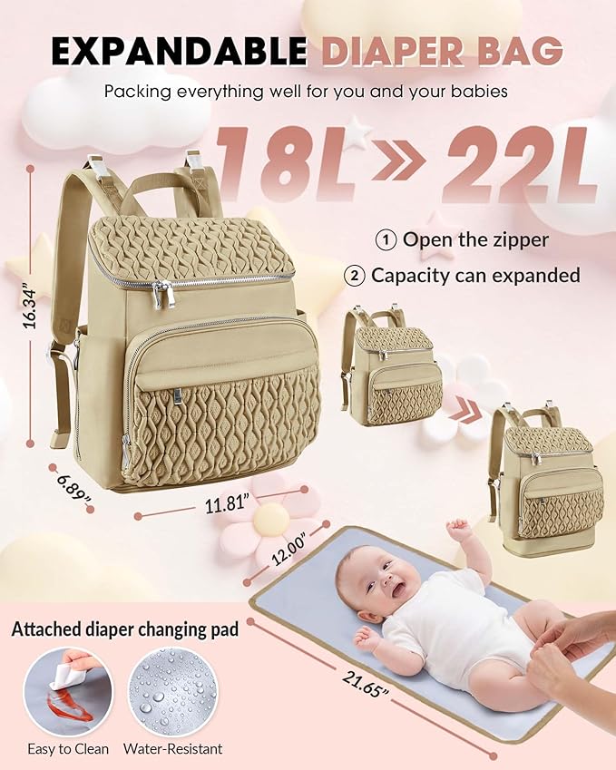 Diaper Bag Backpack, Large Baby Bag for Girl Boy, Travel Diaper Backpack with Insulated Pocket, Cute Diaper Bag Stroller Straps, Baby Shower & Registry Gift for Mom Dad Beige