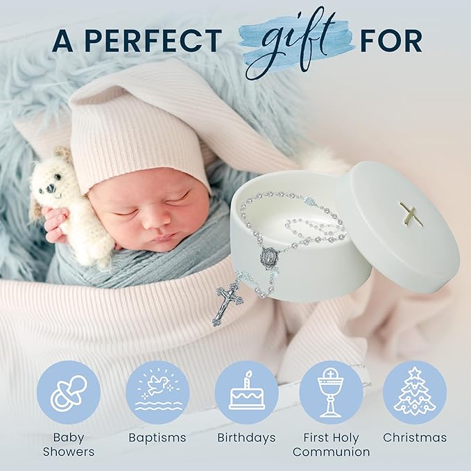 Sweet Treasures Gift – Baptism Gifts for Boys and Girls, First Rosary with Ceramic Keepsake Box and Card, Catholic First Communion Gift, Christening and Baby Shower Rosary Beads, White