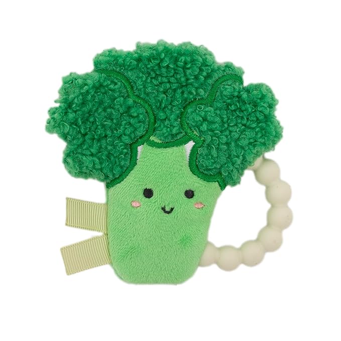 Pearhead Plush Broccoli Baby Teether with Crinkle Sound, BPA-Free Silicone Teething Ring & Soft Sensory Rattle, Infant Gum Soother for Newborns, 0 Months+