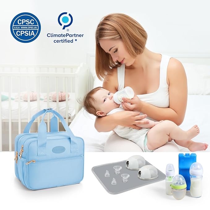 PIIOSER Breastmilk Cooler Bag with Ice Pack, Compatible with Wearable Breast Pumps & Accessories - Portable Breast Pumps Carrying Case for Nursing & Working Moms, Blue