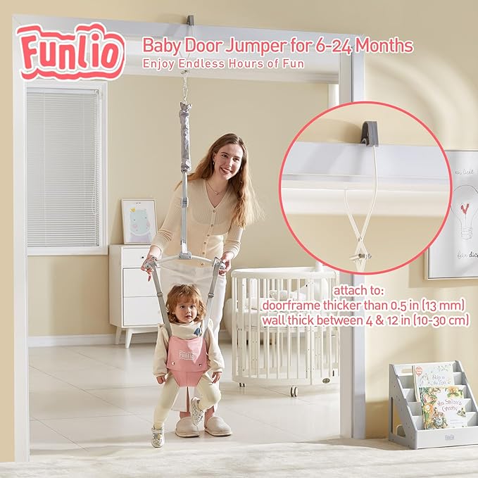 FUNLIO Baby Door Jumper for 6-24 Months (with Door Clamp), Baby Jumper Doorway with Strong Spring & Adjustable Strap, Portable Infant Baby Bouncer, Bearing 40 Lbs, CPC & CE Certified-Pink