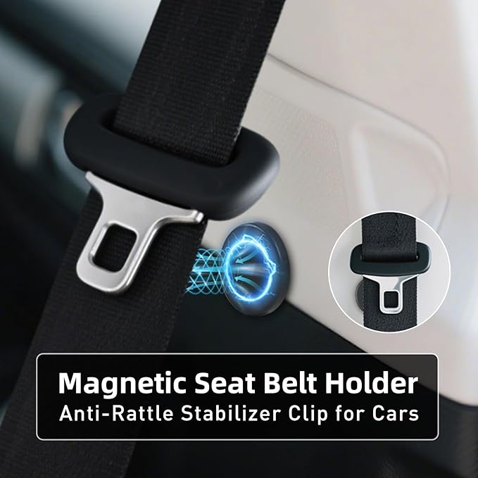 Powerful Magnetic Seat Belt Holder Clip - Prevent Car Noise Seat Belt Silencer Universal Automatic Adsorption Stabilizer One-Second Snap & Release (Fits All Cars, Black X 4)
