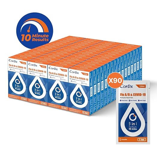CorDx Tyfast at Home Flu A/B and COVID 19 Rapid Test Kit, Easy, Accurate, Fast Results in 10 Minutes. (90-Pack, 180 Tests)