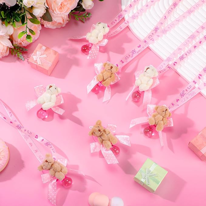 Remuuly 24 Pcs Baby Shower Pacifier Necklaces with Plush Bears Its a Girl Acrylic Pacifier Necklaces for Guest Baby Shower Games Party Favors Gender Reveal Prize Table Scatter Decorations