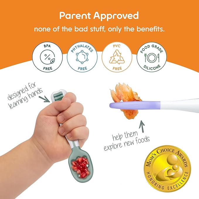 NumNum Baby Spoons Set, Baby Essentials Pre-Spoon GOOtensils for 6+ Months, First Stage Self-Feeding Spoons for Baby Led Weaning (BLW), Silicone Toddler Utensils, BPA-Free, 2 Pack Red/Orange