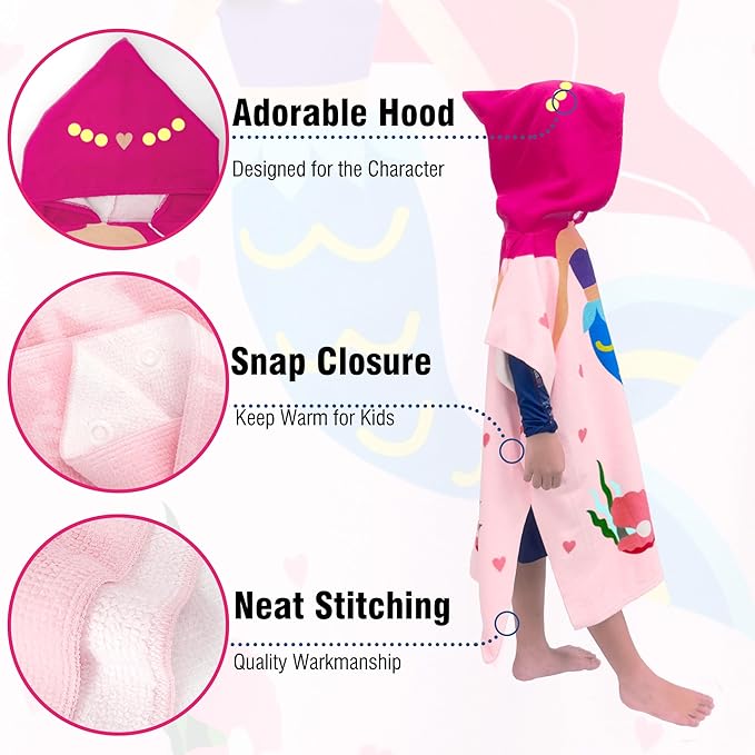 Hooded Kids Beach Towels - Toddler Bath Towel Girls Boys Swim Cover-ups for Ages 4 to 10 Kids Pool Towels Quick Dry Lightweight Soft Microfiber Poncho 30x30(Pink Mermaid)