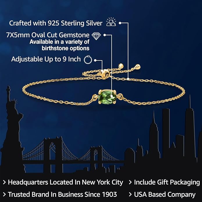 Gem Stone King 7X5MM Oval Gemstone Birthstone Solitaire Bracelet For Women | 925 Sterling Silver | Adjustable Bolo Bracelet For Women | Fine Jewelry Gifts for Her Mom Wife