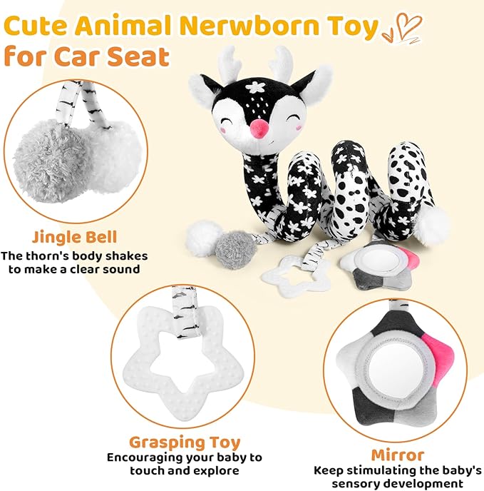 Car Seat Toys for Babies 0-6 Months Boy&Girl, Carseat Toys Hanging Black and White High Contrast Toy for Baby 0-3 Months, Spiral Activity Plush Toys Stroller Toys for 0 3 6 9 12 Months Baby Ideal Gift