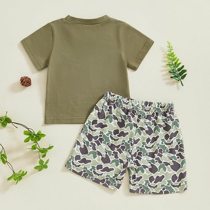 fhutpw Toddler Baby Boy Summer Clothes Tractor Letter Short Sleeve T-Shirt Tops Pockets Casual Shorts Set Infant Outfits