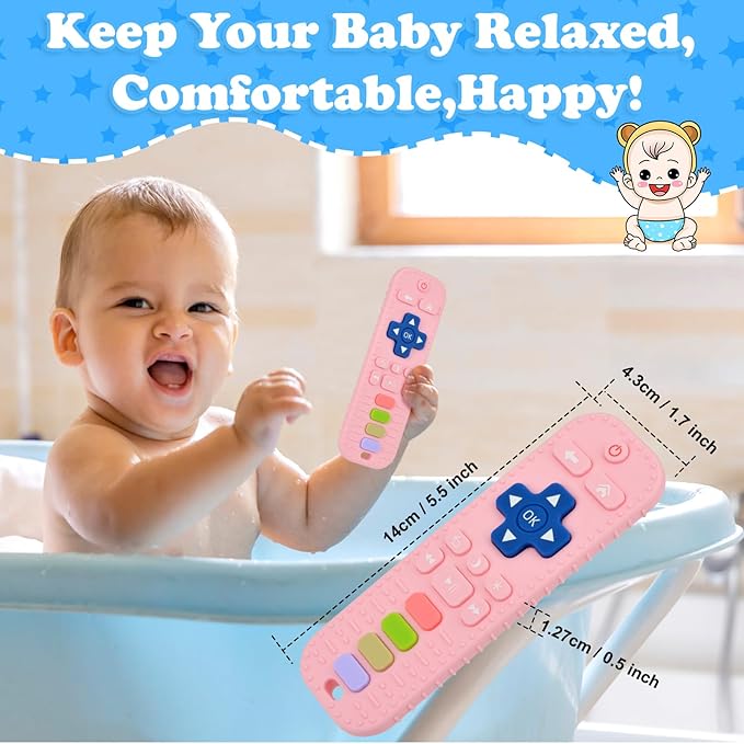Baby Silicone Teething Toys, Simulation TV Remote Control Shape Teether Toys for Toddlers 3-18 Months, Boys Girls Baby Teething Toys, Babies Chew Toys, Freezer BPA Free, Pink