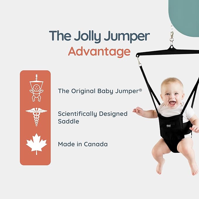 Jolly Jumper Iconic (Black), Doorway Baby Jumper, Indoor Exercise Saddle Seat, Adjustable Height, for Infants up to 28lbs, No Stand Required