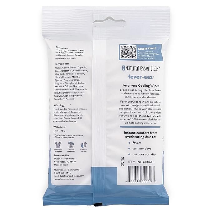 Natural Essentials Fever-eez Baby Fever Relief for Kids, Soothing Forehead & Body Wipes for Babies, Provide Immediate Cooling Sensation during Fevers, High Body Temperatures and Hot Flashes