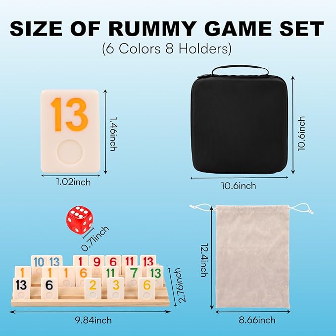 Upgraded Rummy Cube Game 6-8 Players with Portable Travel Case, 240 Melamine Rummy Tiles & 8 Wooden Holders, Classic Family Strategy Board Game for Adults Kids