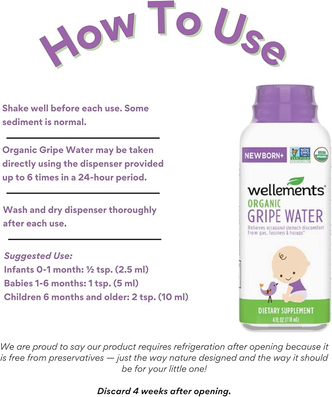 Wellements Gripe Water 4 Fl Oz (Pack of 2) Relieves Occasional Stomach Discomfort from Gas, Fussiness & Hiccups, USDA Certified Organic, Gluten Free & Non GMO, Ages Newborn+