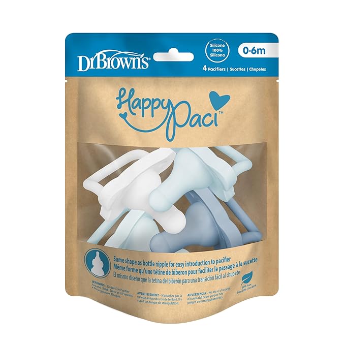 Dr. Brown's HappyPaci 100% Silicone Baby Pacifier, Contoured One-Piece Design, Light-Blue, Blue, White, 0-6m, BPA-Free, 4-Pack
