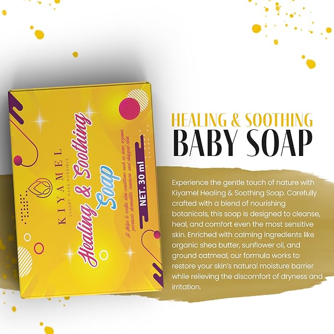 KIYAMEL Healing & Soothing Baby Soap, Gentle Bath Bar with Organic Shea Butter Natural Moisturizing Soap for Sensitive & Dry Skin Mild Daily Care for Soft, Healthy Skin