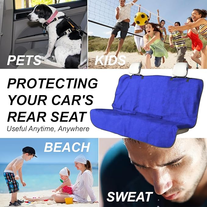Back Seat Cover Protector for Dogs and Kids, Universal Waterproof Towel Rear Bench Seat Cover for Car, Truck, Van & SUV, Machine-Washable Backseat Car Covers (Blue, 1pcs Rear Seat)