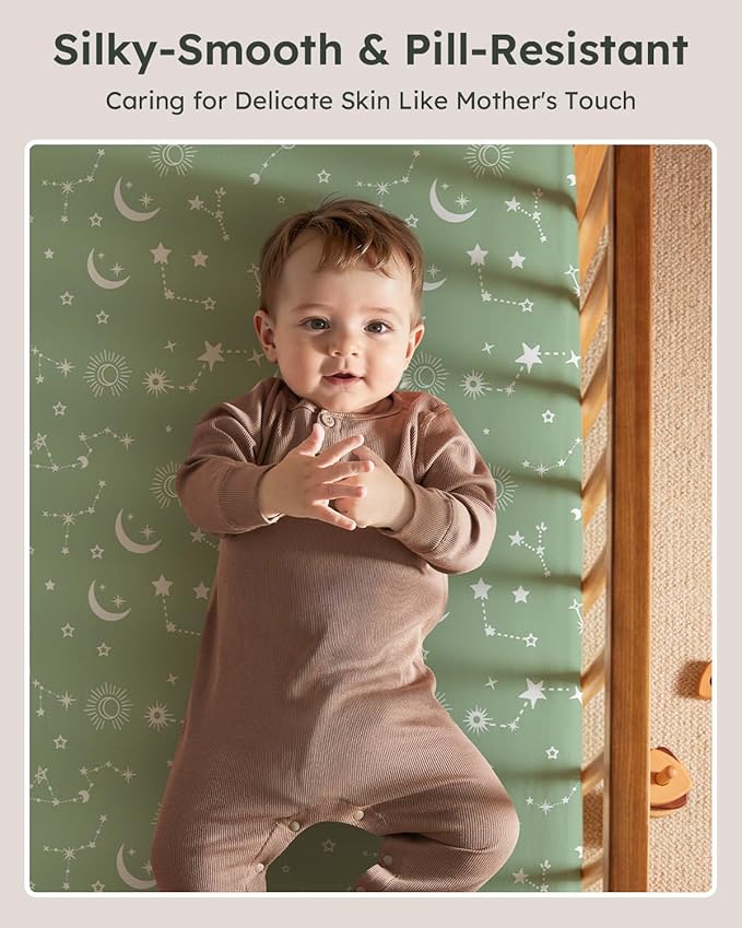 Baby Crib Sheets for Boys Girls, 28x52x8in Fitted Crib Sheet Neutral 3 Pack for Standard Crib and Toddler Mattress, Breathable Soft Microfiber Baby Sheet Green Gray Constellation