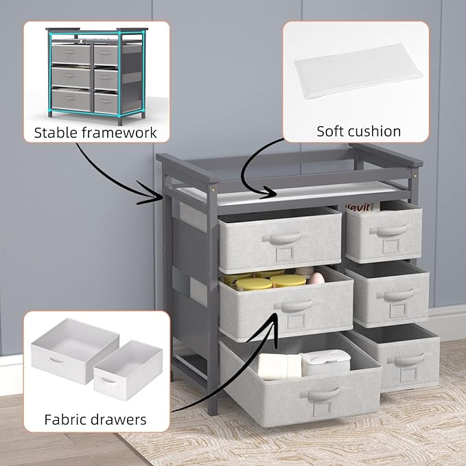 XJD Baby Changing Table with 6 Storage Drawers and Pad Baby Changing Station, Diaper Changing Station(Grey)
