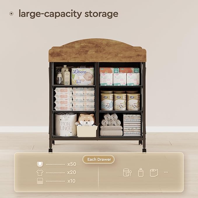 Baby Changing Table Dresser with Wheels, 6-Fabric Drawer Baby Dresser with Changing Table Top, Waterproof Diaper Changing Station & Pad, Mobile Storage Unit, Baby Furniture, Rustic Brown